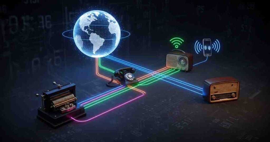 Telegraph invention, telephone invention and Guglielmo Marconi invention radio that connected the world with instant communication.
