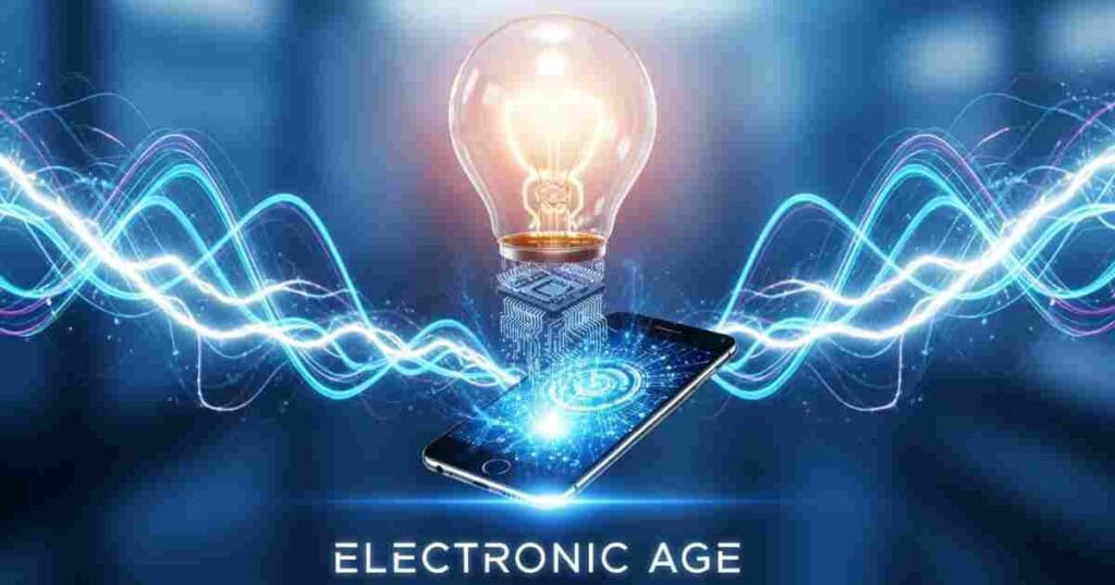 Glowing bulb transforming into microchip and smartphone, electric energy waves, futuristic blue theme, text “Electronic Age”.